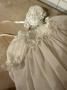 Handmade Vintage Christening Gown & Bonnet Heirloom Lace Baptism
